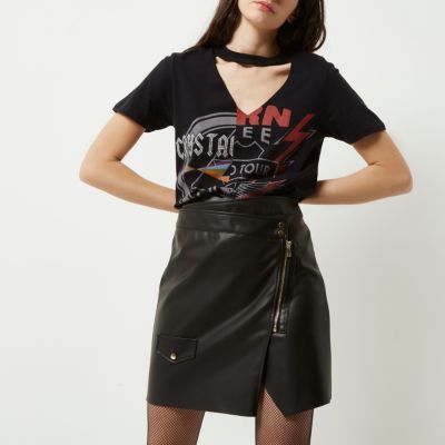 Black leather look wrap mini skirt